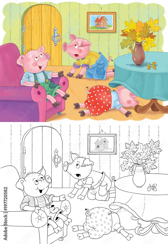 Three little pigs. Fairy tale. Coloring book. Coloring page
