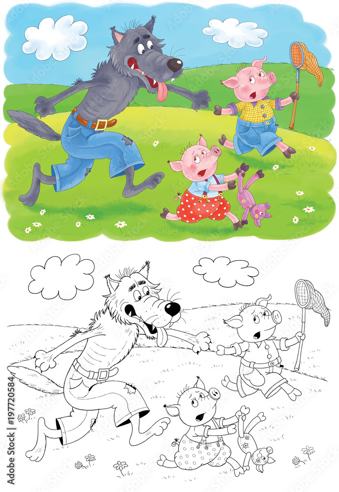 Three little pigs. Fairy tale. Coloring book. Coloring page