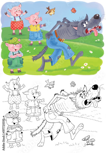 Three little pigs. Fairy tale. Coloring book. Coloring page. Illustration for children. Cute and funny cartoon characters