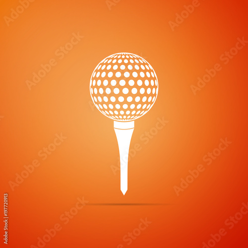Golf ball on tee icon isolated on orange background. Flat design. Vector Illustration