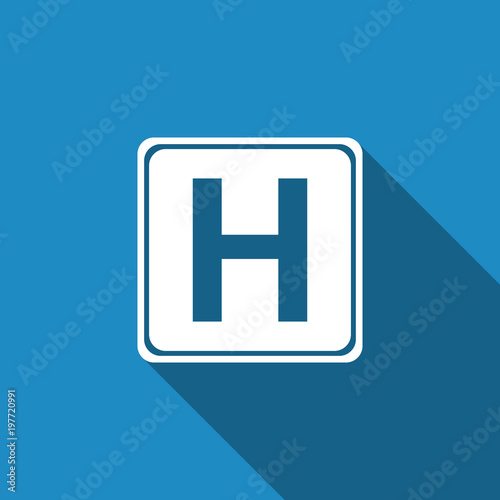 Hospital sign icon isolated with long shadow. Flat design. Vector Illustration