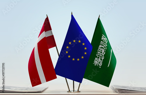 Fototapeta Naklejka Na Ścianę i Meble -  Flags of Kingdom of Denmark European Union and Saudi Arabia