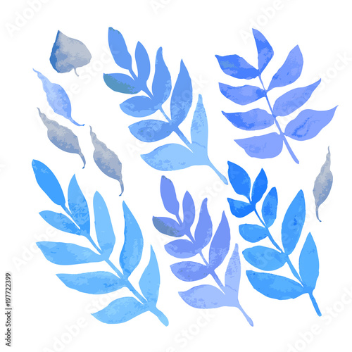 blue watercolor leaves on a white background