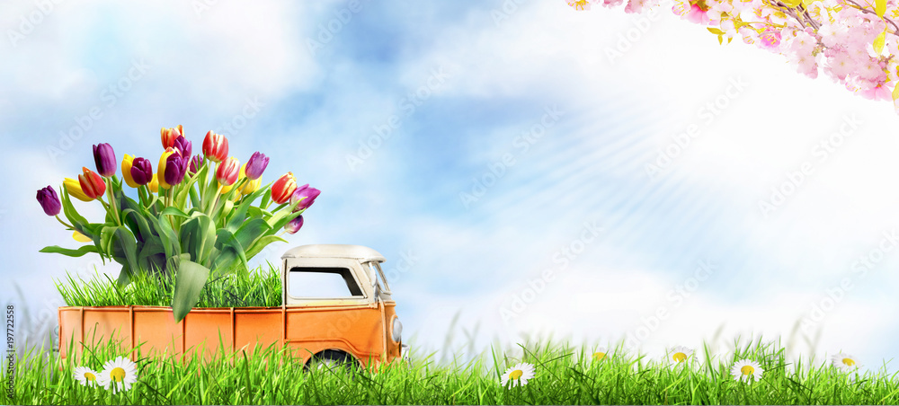 Kleines Auto bringt den Frühling. - obrazy, fototapety, plakaty 