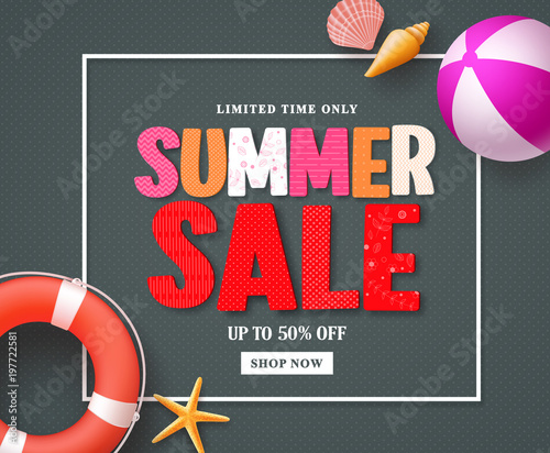 Summer sale vector banner design template with red sale text and colorful beach elements in black pattern background and boarder for summer seasonal discount promotion. Vector illustration.
