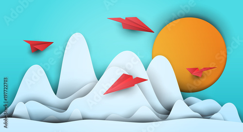 3d vector paper cut clouds with airplanes and sun. Cartoon art illustration in minimalistic craft carving style. Modern layout colorful concept for background cover, poster, card.