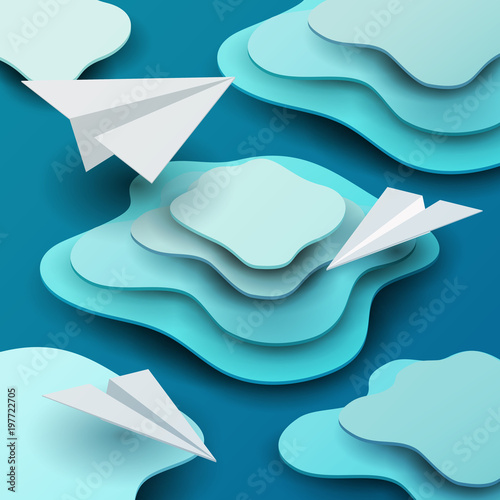 d vector paper cut clouds with airplanes. Cartoon art illustration in minimalistic craft carving style. Modern layout colorful concept in isometric view for games.