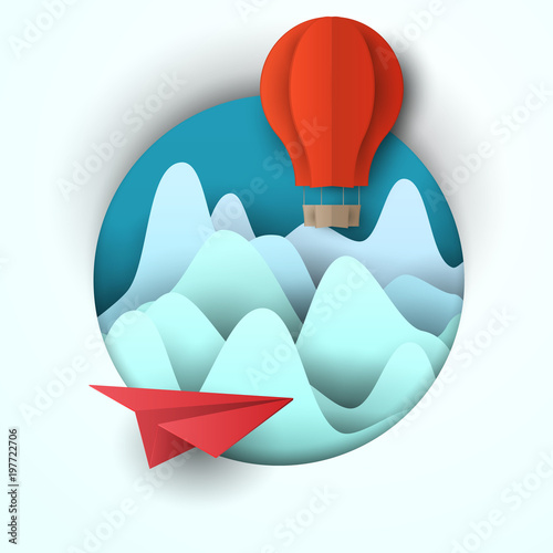3d vector paper cut clouds, airplane and balloon. Cartoon art illustration in minimalistic craft carving style. Modern layout colorful concept for background cover, poster, card.
