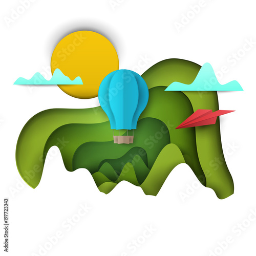 3d vector paper cut green landscape mountain, airplane and balloon . Cartoon art illustration in minimalistic craft carving style. Modern layout colorful concept for background cover, poster, card.
