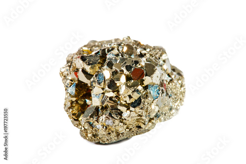 Macro shooting of natural gemstone. The raw mineral is pyrite, China. Isolated object on a white background.