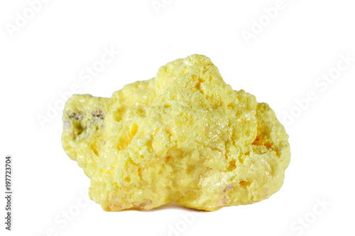 Macro shooting of natural gemstone. Raw mineral sulfur, Indonesia. Isolated object on a white background.