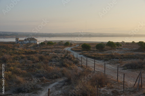 Morning landscape with a house by the lake in the distance and road through the field