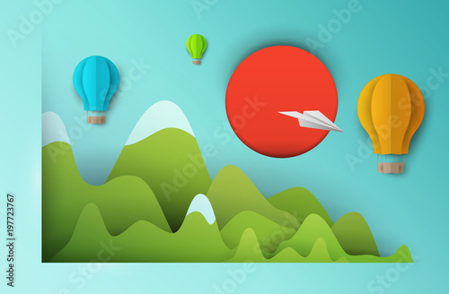 3d vector paper cut green mountain landscape, airplanes and balloons . Cartoon art illustration in minimalistic craft carving style. Modern layout colorful concept for background cover, poster, card.