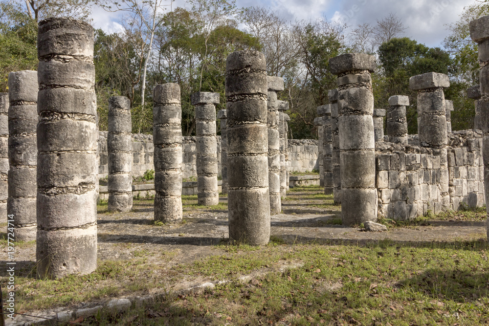 Group of the Thousand Columns at Chichen Itza feels like a forest of columns. They surround the Temple of of Warriors and they reveal carvings of gods, dignataries and celebrated Warriors. 