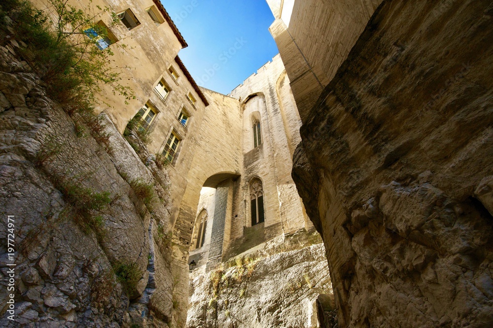 view of old ruined walls. Avignon, France.