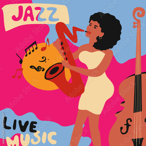 Photography Jazz music festival colorful poster with music instruments and woman musician playing saxophone