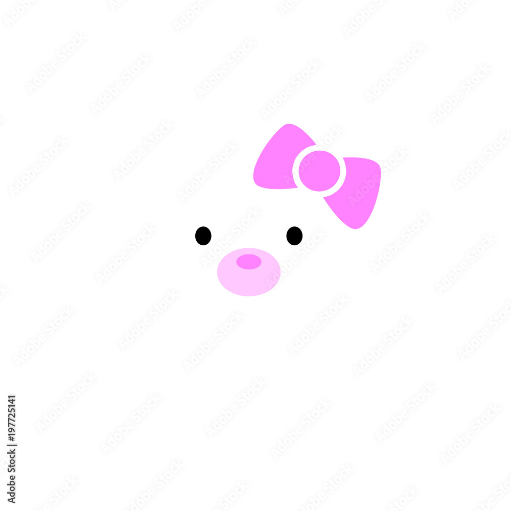 Illustration of a kawaii white polar bear cub just wearing a cute pink bow over a white background.