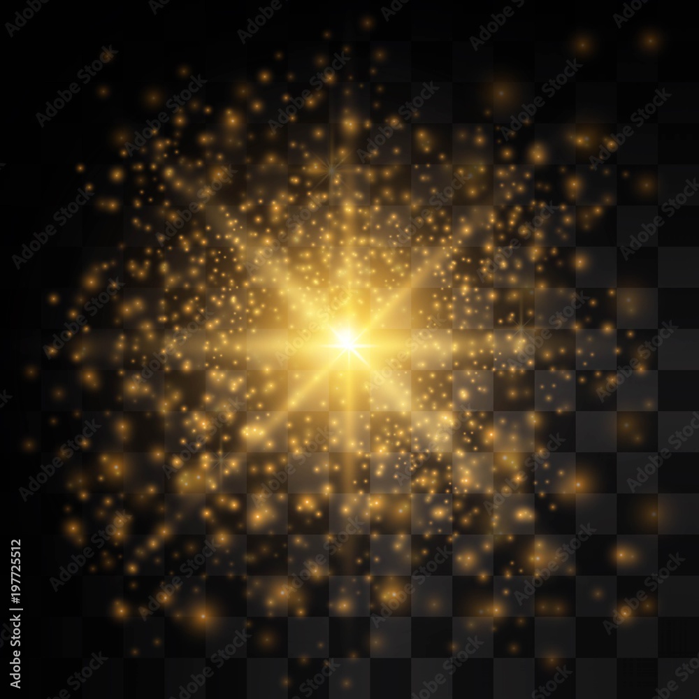 Glow light effect. Star burst with sparkles. Golden glowing lights