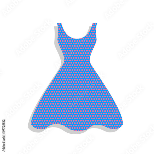 Woman dress sign. Vector. Neon blue icon with cyclamen polka dot