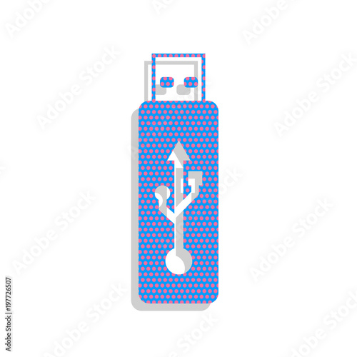 USB flash drive sign. Vector. Neon blue icon with cyclamen polka