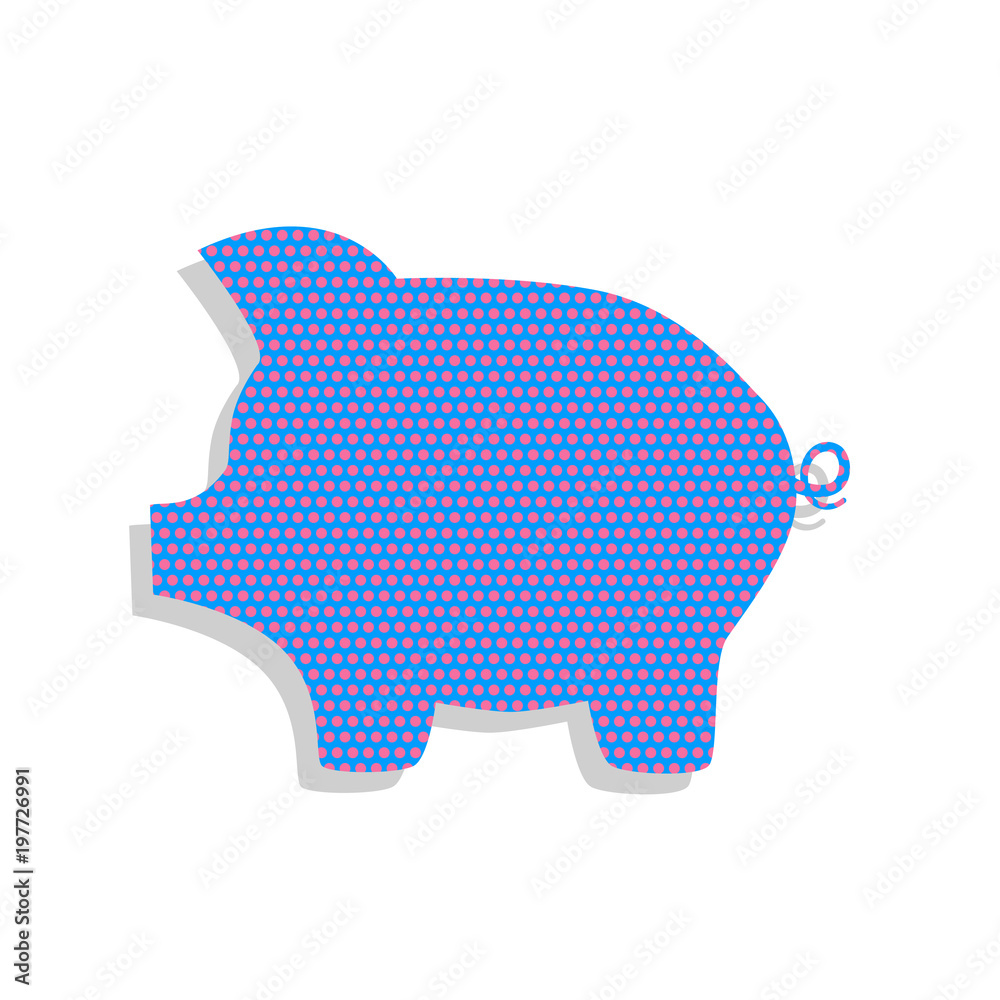 Pig money bank sign. Vector. Neon blue icon with cyclamen polka 