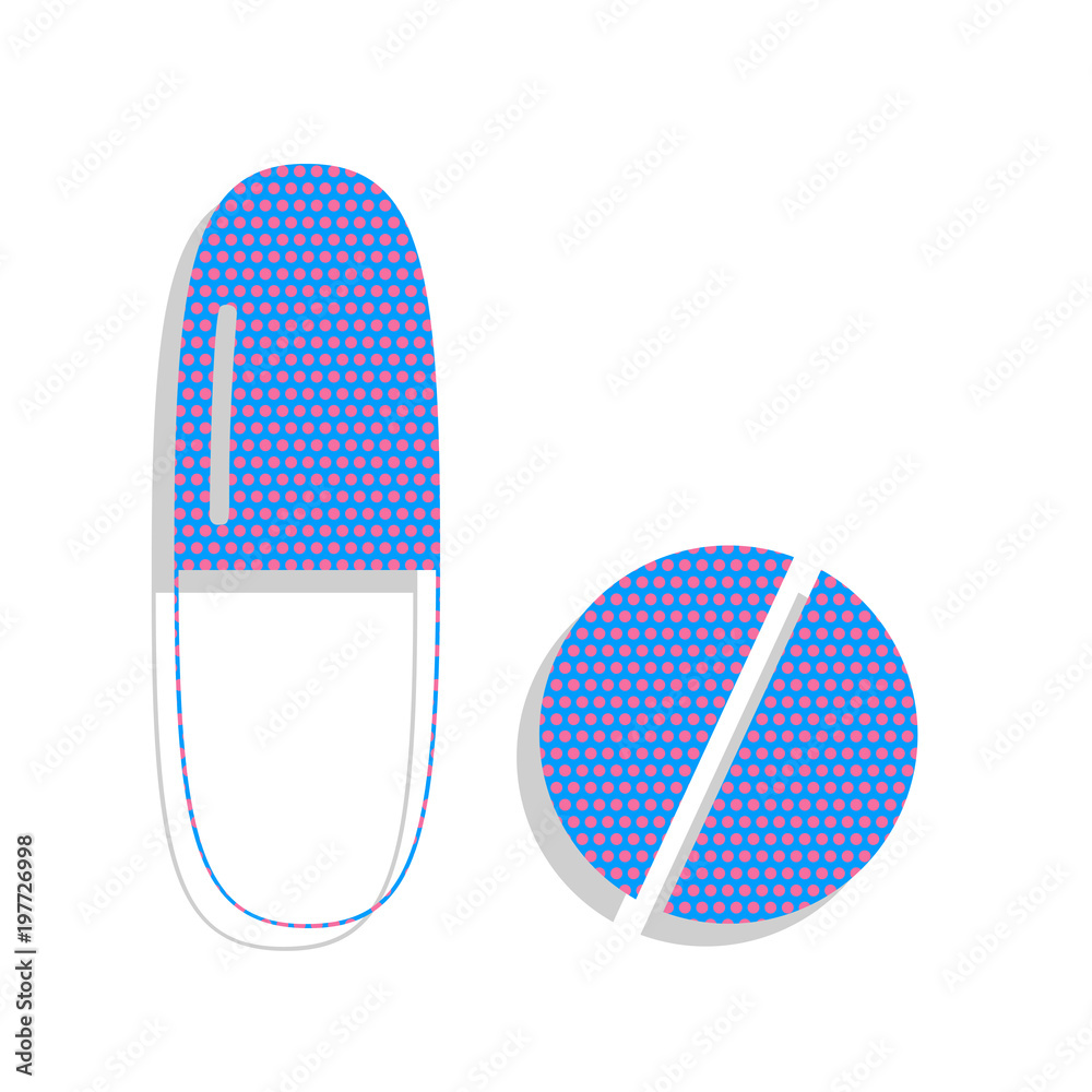 Medical pills sign. Vector. Neon blue icon with cyclamen polka d Medical pills sign. Vector. Neon blue icon with cyclamen polka d