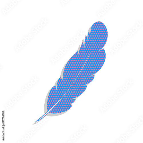 Feather sign illustration. Vector. Neon blue icon with cyclamen 