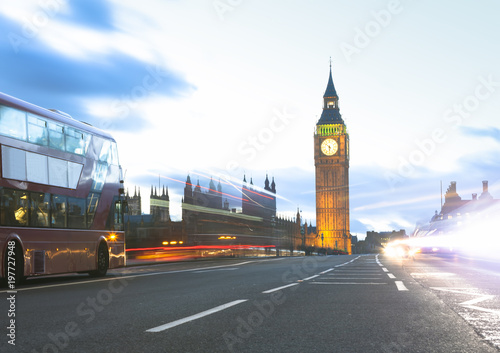 London city view with Big Ben and car traffic at evening.