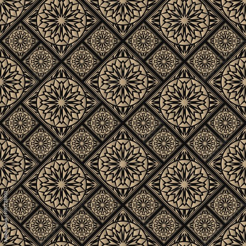 Seamless pattern oriental ornament. Black and golden textile print. Islamic vector design. Floral tiles.