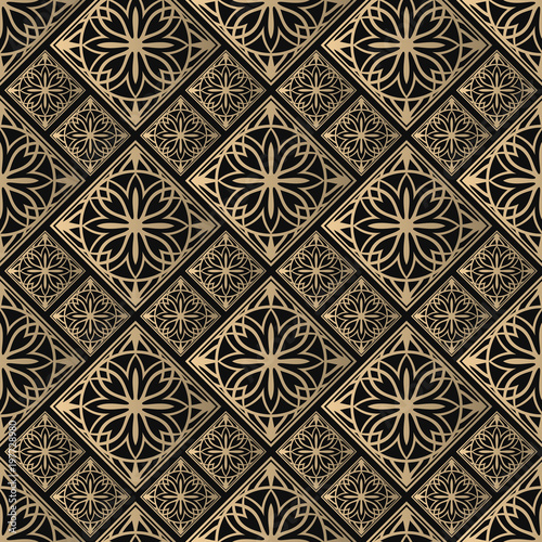 Seamless pattern oriental ornament. Black and golden textile print. Islamic vector design. Floral tiles.