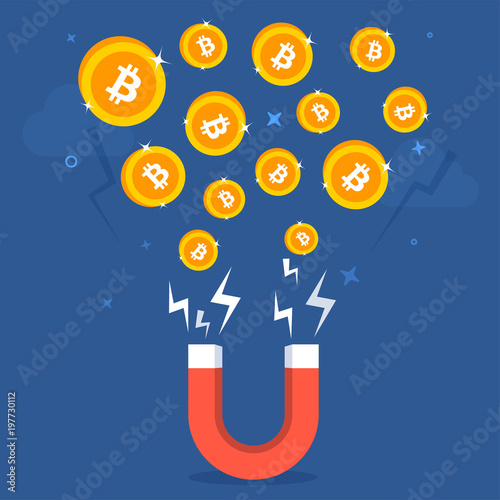Golden Bitcoins, attracting by magnet.