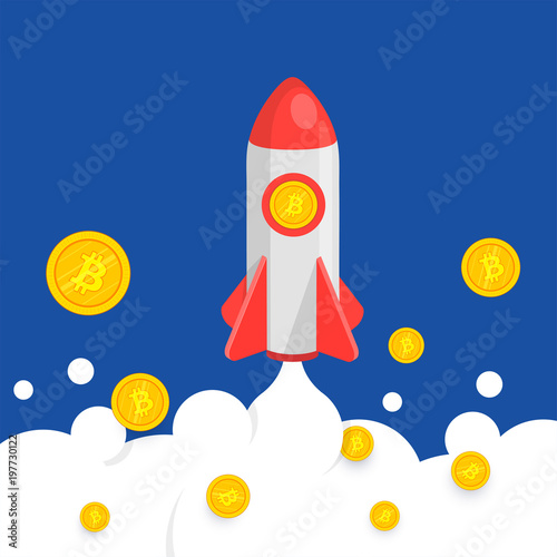 Bitcoin rocket above clouds.