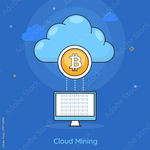 Bitcoin cloud computing on blue background.