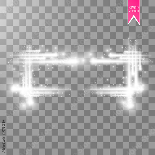 Abstract luxury white vector light flare spark light effect. Sparkling glowing rectangular frame on transparent. Starlight moving background. Glow blurred space for message or logo.