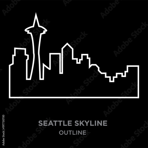 white border seattle skyline outline on black background, vector illustration