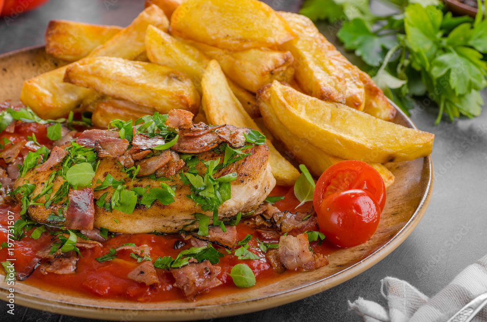 Chicken steak with herbs, homemade french fries