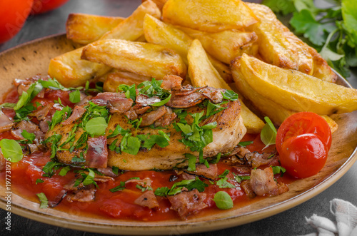 Chicken steak with herbs, homemade french fries