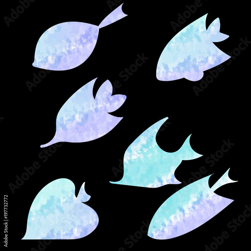 collection of vector watercolor fish, silhouettes, isolated,