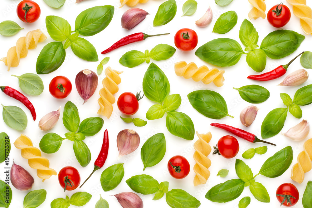Basil and garlic isolated on white background, top view. Wallpaper abstract composition of vegetables. Basil and garlic isolated on white background, top view. Wallpaper abstract composition of vegetables.