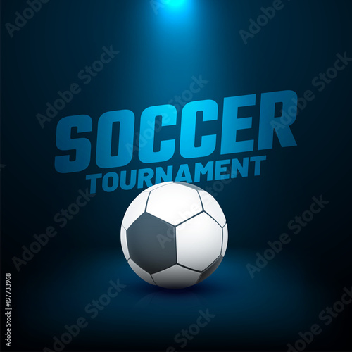 Soccer tournament text and soccer ball on blue background. Flash light.