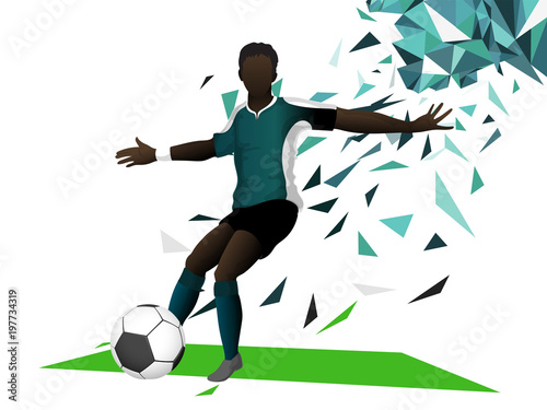 Soccer player trying to kick soccer ball on colorful abstract background.