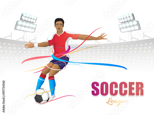 Soccer league concept with footballer kicking soccer ball on colorful abstract background.
