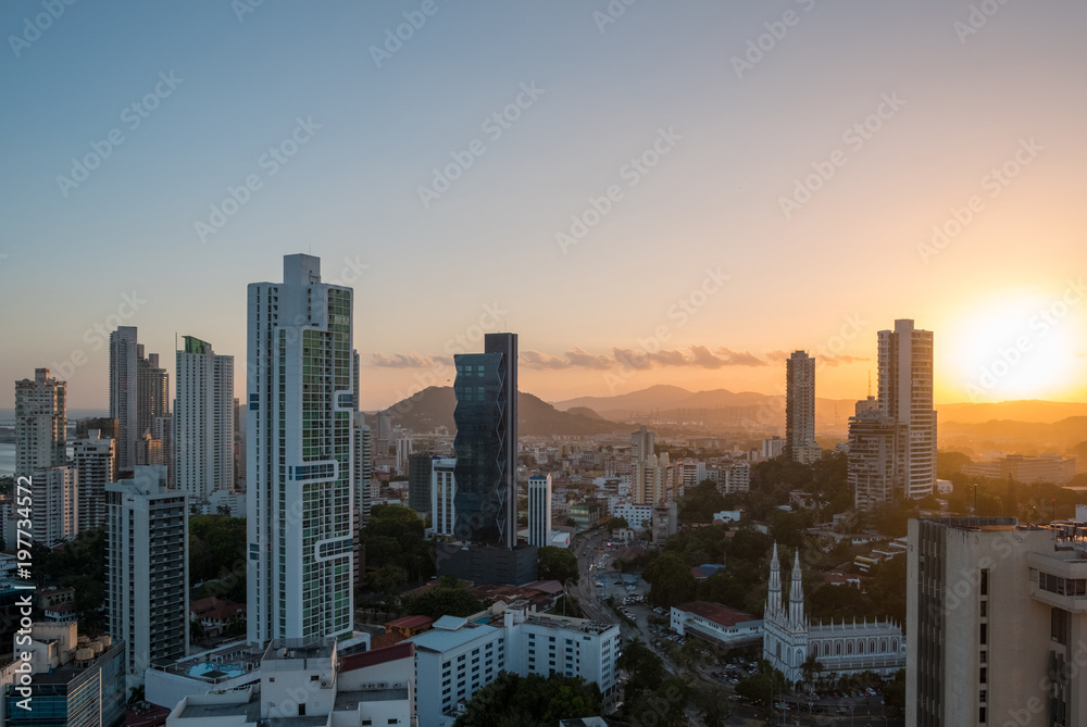 sunset sky over modern city skyline
