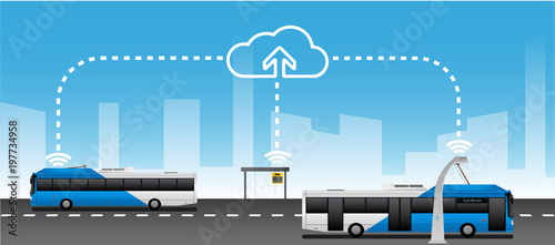 Data exchange between public transport and cloud service. Management of passenger transportations. Vector illustration