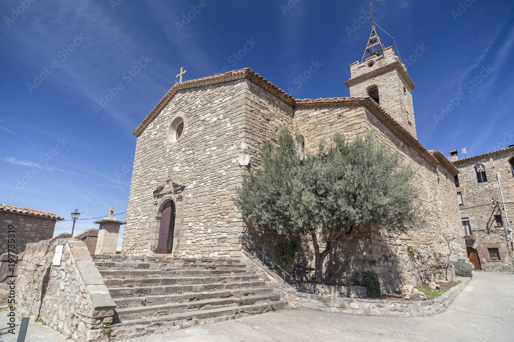 Village view, church of Santa Maria and Sant Joan, baroque style, Santa Maria Olo, moianes region comarca, province Barcelona, Catalonia