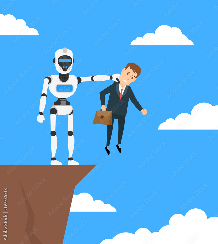 robot humanoid holding businessman over abyss robot humanoid holding businessman over abyss