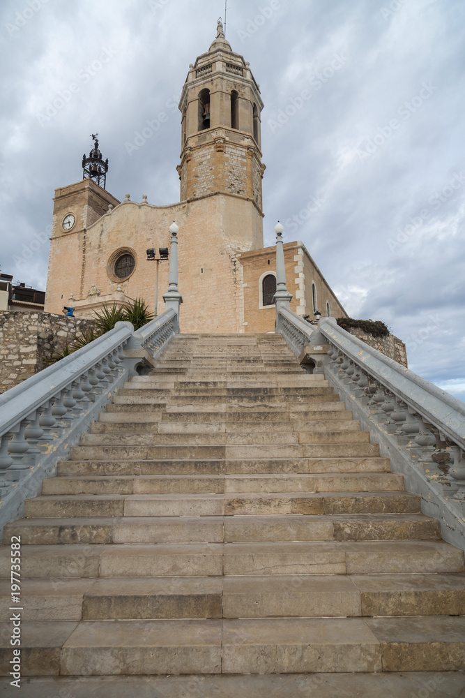  Church of Sant Bartomeu and Santa Tecla, baroque style, in catalan village of Sitges, province Barcelona, Catalonia, Spain.