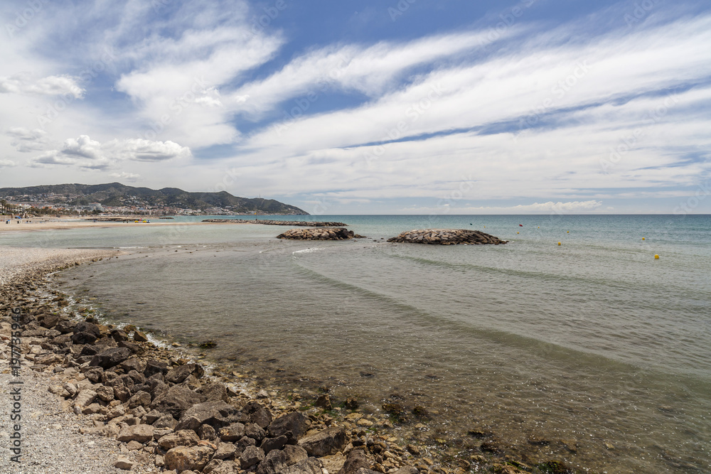 Mediterranean beach in catalan village of Sitges, province Barcelona, Catalonia, Spain.