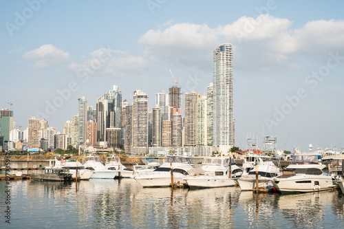 Panama city skyline with yacht boats docked on harbor