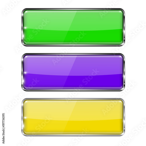 Colored rectangle buttons. Green, violet and yellow icons with chrome frame